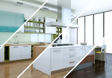 Splitted color variations of a modern kitchen with a beautiful design Stock Illustration