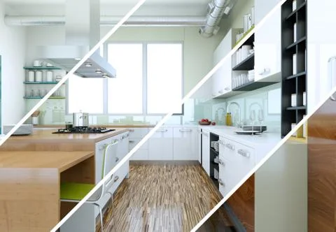 Splitted color variations of a modern kitchen with a beautiful design Stock Illustration