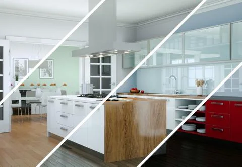 Splitted color variations of a modern kitchen with a beautiful design Stock Illustration