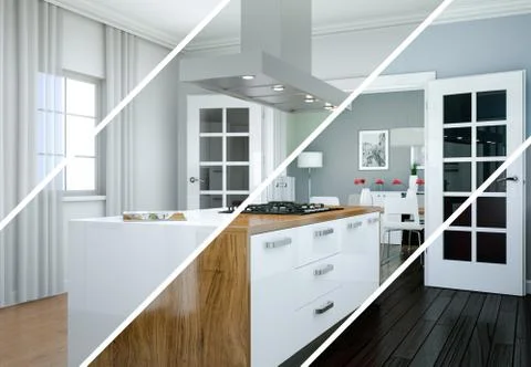 Splitted color variations of a modern kitchen with a beautiful design Stock Illustration
