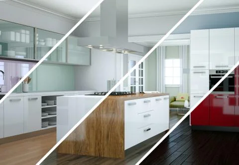 Splitted color variations of a modern kitchen with a beautiful design Stock Illustration