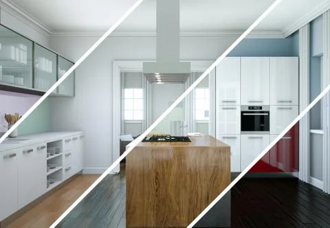 Splitted color variations of a modern kitchen with a beautiful design Stock Illustration