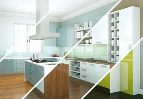 Splitted color variations of a modern kitchen with a beautiful design Stock Illustration