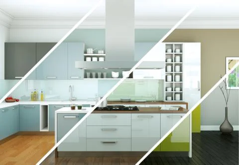 Splitted color variations of a modern kitchen with a beautiful design Stock Illustration