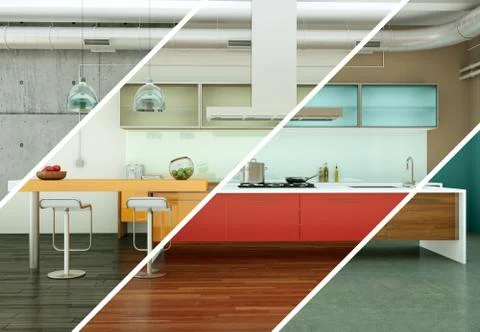 Splitted color variations of a modern kitchen with a beautiful design Stock Illustration