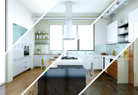 Splitted color variations of a modern kitchen with a beautiful design Stock Illustration