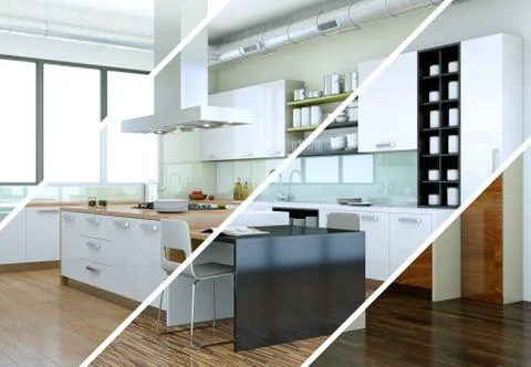Splitted color variations of a modern kitchen with a beautiful design Stock Illustration