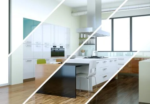 Splitted color variations of a modern kitchen with a beautiful design Stock Illustration