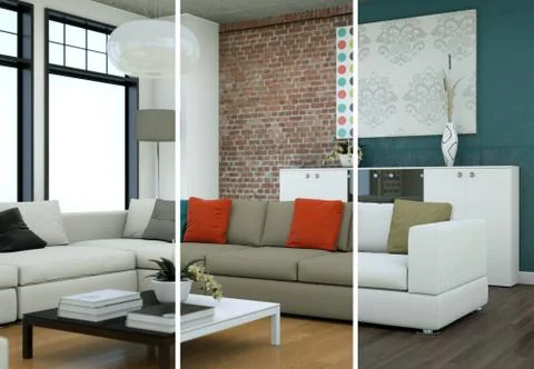 Splitted color variations of a modern loft interior design Stock Illustration
