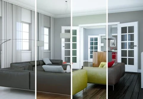 Splitted color variations of a modern loft interior design Stock Illustration