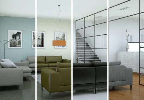 Splitted color variations of a modern loft interior design Stock Illustration