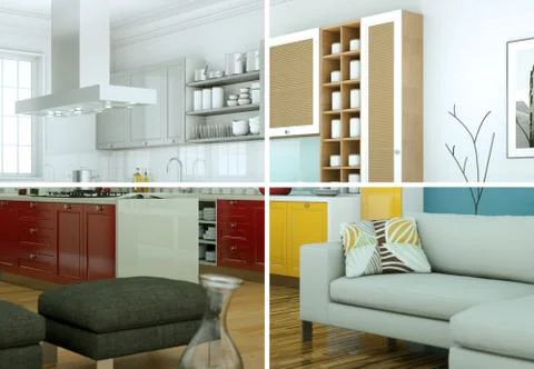Splitted color variations of a modern loft interior design Stock Illustration