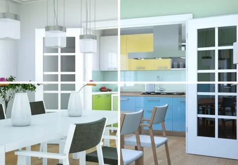 Splitted color variations of a modern loft interior design Stock Illustration