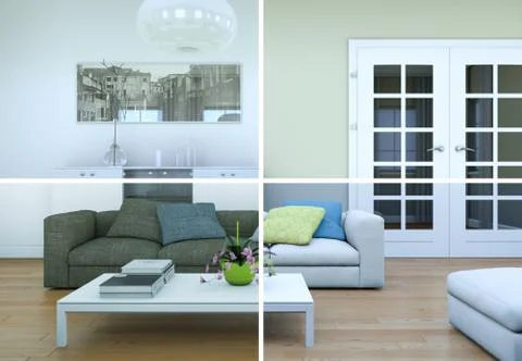 Splitted color variations of a modern loft interior design Stock Illustration
