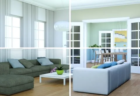 Splitted color variations of a modern loft interior design Illustrazione stock