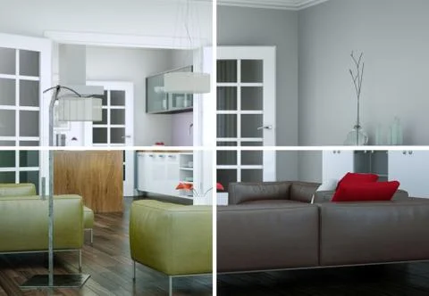 Splitted color variations of a modern loft interior design Stock Illustration