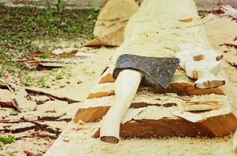 Splitting axe on a tree trunk taken closeup. Stock Photos