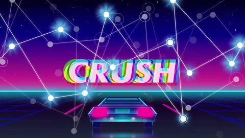 Splitting CRUSH text glitching under growing node network on neon grid, with Stock Footage 311474539