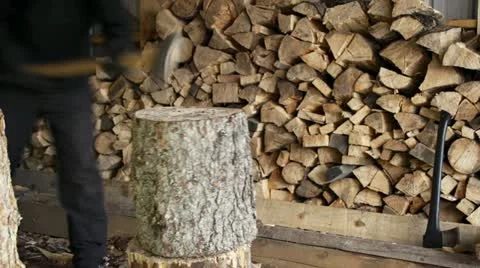 Splitting a Round of Spruce Firewood - Speed Ramp Chopping Battle Stock Footage 21365415