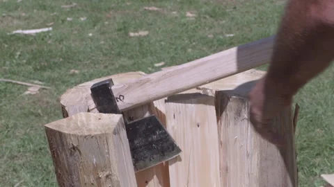 Splitting a Trunk with Wood Hammer Stock Footage 318474246