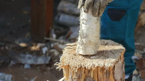 Splitting Wooden Log with an Axe Stock Footage 61482996