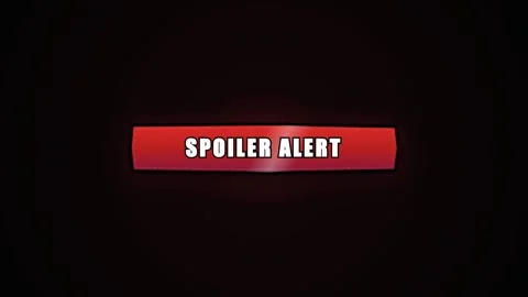 Spoiler alert warning text on red glitchy banner. 4K Video stock 343265720