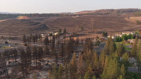 Spokane Old Trails Fire forward aerial flight tilting down over burned lots and Stock-Footage 344993242