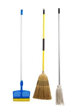 Sponge and string mop and broom on white Stock Photos