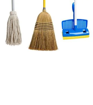 Sponge and string mop and broom on white Stock Photos