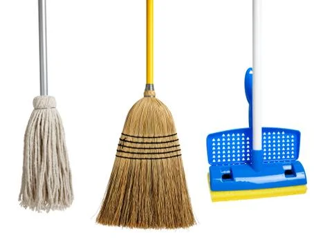 Sponge and string mop and broom on white Stock Photos
