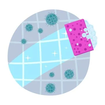 Sponge with bubbles cleaning dirty surface to remove bacteria and viruses. Stock Illustration