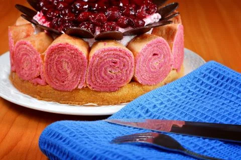 Sponge cake with berries close-up Stock Photos