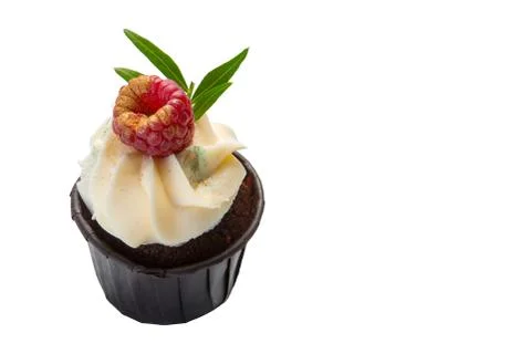 Sponge cake with cream and raspberry berries on a white isolated background. 写真素材
