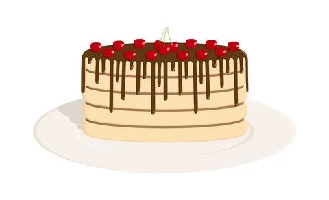 Sponge cake with dark chocolate icing and cherries. White background. Stock Illustration