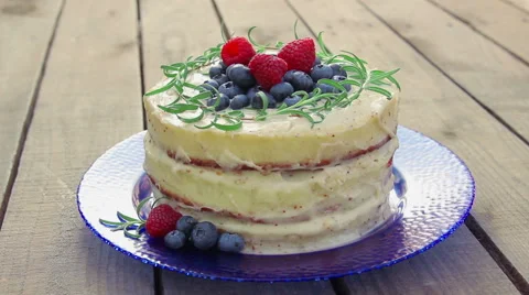 Sponge cake decorated with berries Stock Footage 59913642
