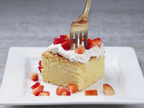 Sponge cake with a fork. Stock Photos