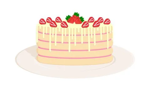 Sponge cake with milk chocolate icing and strawberries. White background. Stock Illustration