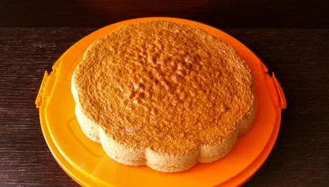 Sponge cake on orange tray Stock Photos