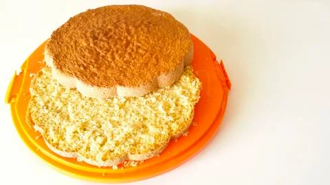 Sponge cake on orange tray Stock Photos