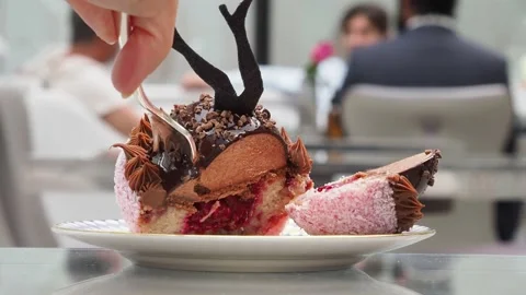 Sponge Cake With Raspberry Compote And A Chocolate Dome, Afternoon Tea, UK Stock Footage 155093516