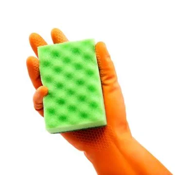 Sponge in hand with a rubber glove. Stock Photos