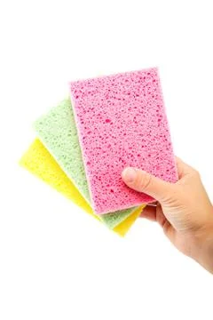 Sponge in hand on white background. Stock Photos