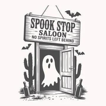 Spook Stop Saloon Ghost Halloween Western Design Stock Illustration