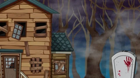 Spooky Abandoned House in Haunted Forest with Drifting Fog Animation Stock Footage 339526260