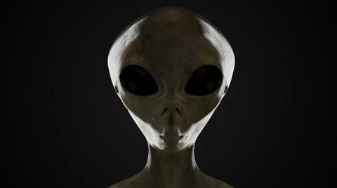 Spooky alien's face on black background. 3D rendered illustration. Stock Illustration
