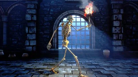 A spooky ancient skeleton with a torch walks through the medieval catacombs Ilustración de archivo