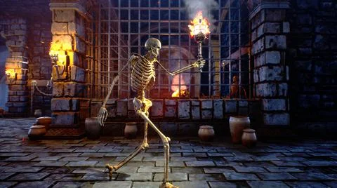 A spooky ancient skeleton with a torch walks through the medieval catacombs Stock Illustration