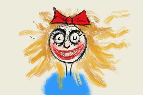 Spooky and creepy portrait of weird ugly woman with make-up on face, topknot Ilustração Stock