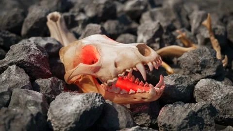 Spooky animal skull moving jaws with teeth. Scary red light from the eyes. Death Stock Footage