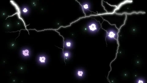 Spooky animated ghosts floating alongside jagged lightning bolts in a dark Stock Footage 343840001